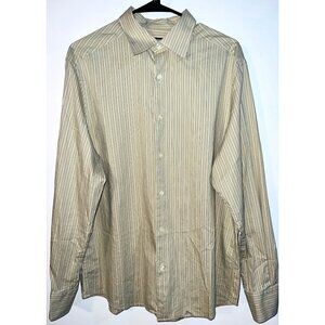 Claiborne Men's Large Beige & Black Striped Button-Down Long Sleeve Dress Shirt
